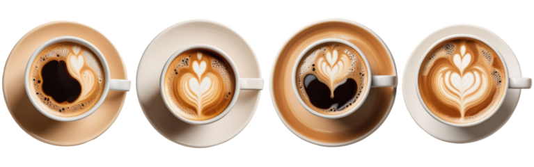 A series of 4 coffee cups isolated on a transparent background, top view