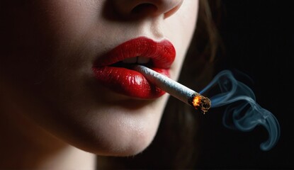 Woman smokes on dark background - obrazy, fototapety, plakaty