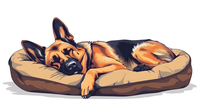 colorful illustration of a german shepherd sleeping in a Fluffy Bed