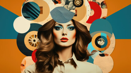 Retro collage with woman in Pop art vintage style, bright abstract background