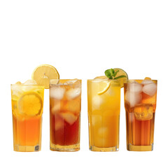 Four glasses of assorted drinks with lemon and ice