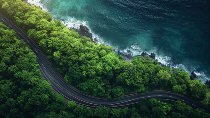 Aerial view of the asphalt road through dense green forest near the ocean, Beautiful natural background