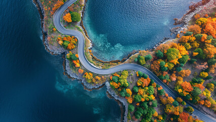 Aerial View Island Curve Road near Blue Sea