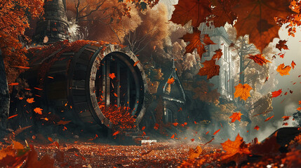 Autumn leaves gently falling around the barrel-shaped sanctuary, a picturesque scene.