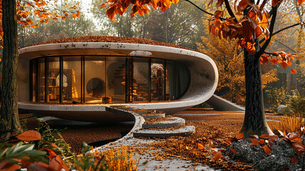 Autumn leaves swirling around the circular house, a whimsical sight.