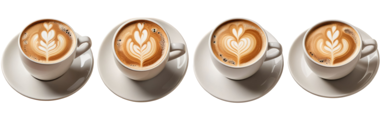 A series of 4 coffee cups isolated on a transparent background, top view