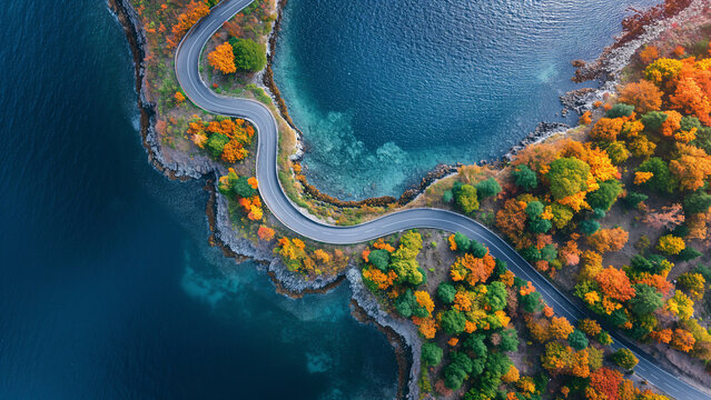 Aerial View Island Curve Road near Blue Sea - Powered by Adobe