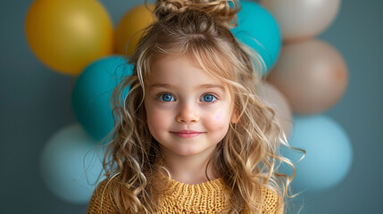 Fototapeta na wymiar Portrait of a smiling young girl with curly hair, surrounded by colorful balloons on a grey background.