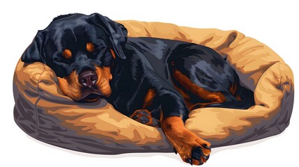 colorful illustration of a Rottweiler sleeping in a Fluffy Bed