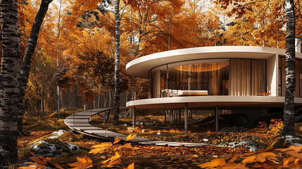 Autumnal splendor enveloping the circular house, a haven amidst nature's palette.