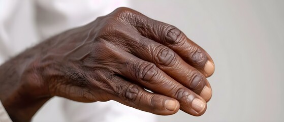 Symptoms of Trigger Finger Bone Arthritis or Gout in an African Man's Hand. Concept Joint Inflammation, Finger Pain, Swelling, Stiffness, Redness - obrazy, fototapety, plakaty