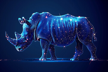 Stunning digital wireframe polygon illustration of a rhinoceros, seamlessly blending line and dots technology. Ideal for tech-themed designs, web graphics, and educational materials