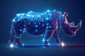 Fototapeta premium Stunning digital wireframe polygon illustration of a rhinoceros, seamlessly blending line and dots technology. Ideal for tech-themed designs, web graphics, and educational materials