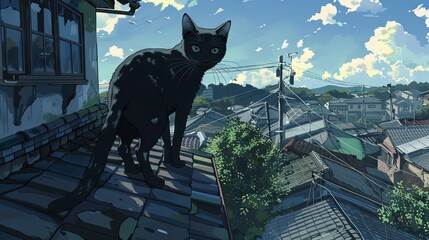 AI generated image of black cat with blue eyes walks on rooftops. Cartoon anime art style. Concept of anime culture, fantasy, imagination, fairytale, human-emotions. - Powered by Adobe