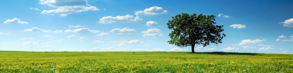 A lone tree in a field of grass with clouds and blue sky, AI
