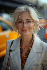 Elegant, successful woman driver in glasses stands by a yellow Taxi, exuding happiness and...