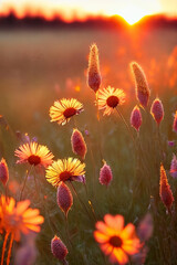 Golden Hour Glow. Warm, soft light of the setting sun illuminating delicate wildflowers - 774935946
