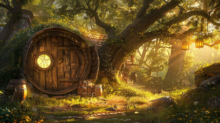 Golden hour, painting the wooden barrel house with a warm, inviting glow.