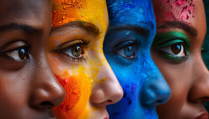 Close-up of three diverse faces with vibrant paint, symbolizing unity in diversity and celebrating color and creativity, concept for the International Day for the Elimination of Racial Discrimination