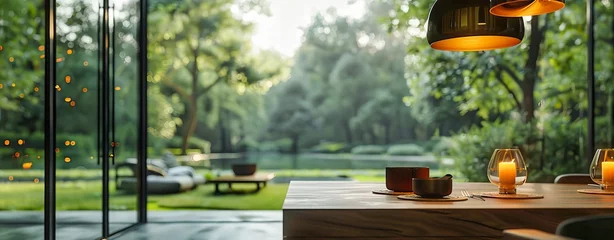 Zelfklevend Fotobehang Rustic Outdoor Table, Nature-Inspired Setting, Wooden Surface with Green Garden Background © MDRAKIBUL