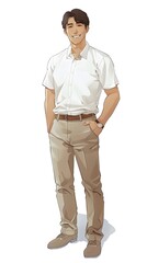 Fototapeta premium colorful illustration of A handsome Japanese man, standing, wearing a white polo shirt, with hand in the pocket