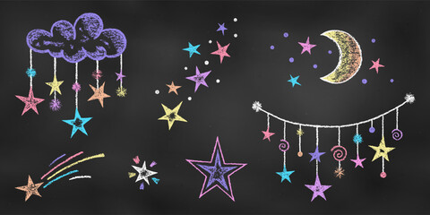 Textural Chalk Drawn Sketch. Set of Colorful Design Elements Night Sky Decorations Isolated on Black Blackboard.