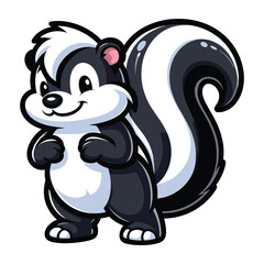 Skunk cartoon mascot character vector illustration, cute skunk with a large fluffy tail and black white stripe along the body. Design template isolated on white background