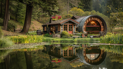 Reflection of the barrel house in a tranquil pond, doubling its rustic charm.