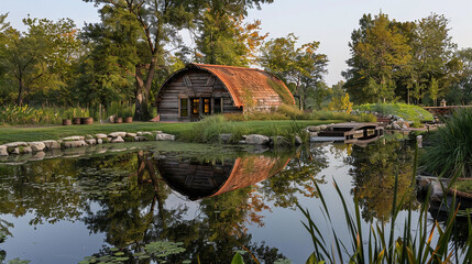 Reflection of the barrel house in a tranquil pond, doubling its rustic charm.
