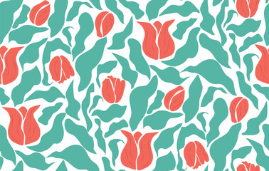 Aesthetic contemporary printable retro tulip flowers - seamless pattern in decorative turkish style background.