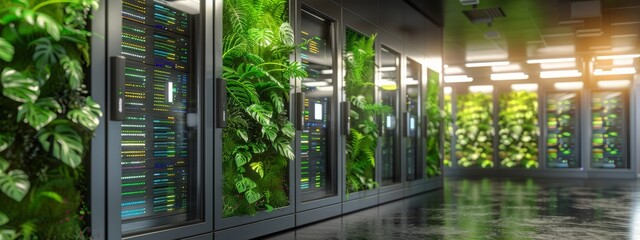 An expansive data center powered by renewable energy sources, presenting the fusion of technology and ecological responsibility.