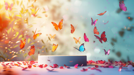 A blank, stylish podium for product showcasing, alive with the movement of colorful butterflies, set against the perfect light of spring, vivid and vibrant