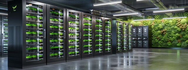 An expansive data center powered by renewable energy sources, presenting the fusion of technology and ecological responsibility. - obrazy, fototapety, plakaty