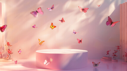 A minimalist product display podium surrounded by fluttering colorful butterflies, capturing the vibrant spirit of spring under the perfect lighting conditions