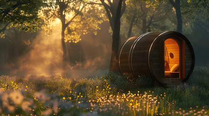 Soft morning light illuminating the barrel home, promising a peaceful day ahead.