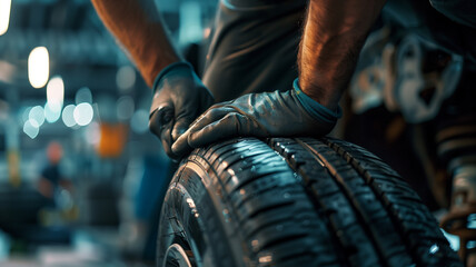 Action shot of tire changing process, capturing the motion and expertise of the technician