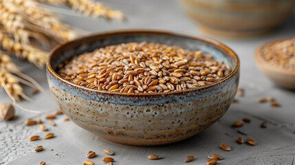 Bowl of raw flax seeds on a textured table with wheat ears in the background. Healthy food concept.