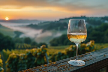 A tranquil, early morning scene with a glass of white wine on a balcony overlooking a foggy vineyard, soft focus on the landscape, copy space in the sky
