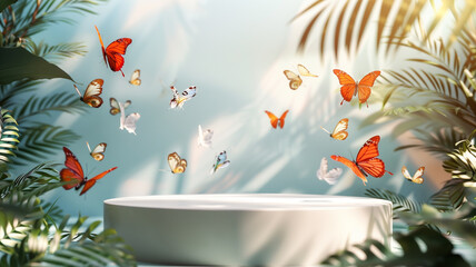 Product showcase podium, blank and poised for display, surrounded by a cascade of vibrant butterflies, under the sublime light of spring, creating a vivid scene - obrazy, fototapety, plakaty