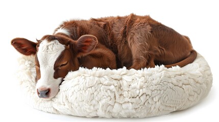 Naklejka premium cow sleeping in a Fluffy Bed