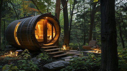 Soft twilight, illuminating the quaint details of the barrel-shaped wooden retreat.