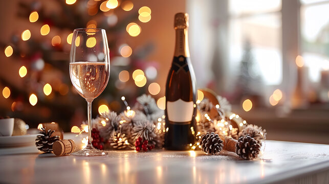 Elegant Christmas celebration table with champagne glass, bottle, and festive decorations against a bokeh light background.