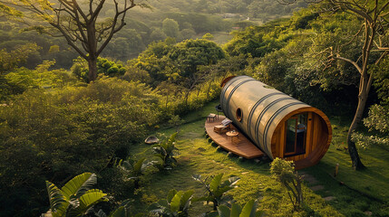Tucked away in a verdant valley, the barrel abode exudes tranquility.