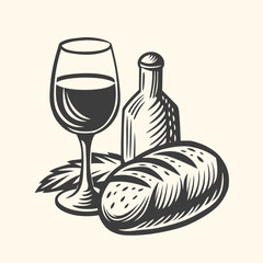 Holy communion line icon. Goblet and bread linear style. Bread and wine bottle cup. Symbol. Vector graphics