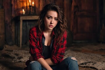 A beautiful girl in a red plaid flannel shirt with cleavage in an old house at night by candlelight. Generative AI