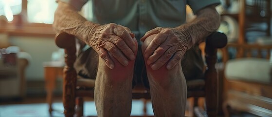 Elderly man holding knee in pain at home, showing redness possibly caused by osteoarthritis or arthritis. Concept Health Concerns, Senior Care, Pain Management, Arthritis Awareness - obrazy, fototapety, plakaty