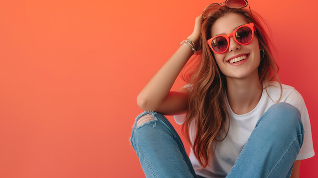 Happy young woman in sunglasses sitting on skateboard over on Coral color background professional photography.