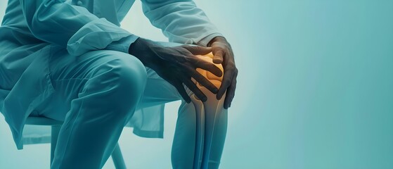 Examining a Knee Joint with Arthritis and Tendon Issues on a Light Blue Background. Concept Medical Photography, Knee Joint, Arthritis, Tendon Issues, Light Blue Background