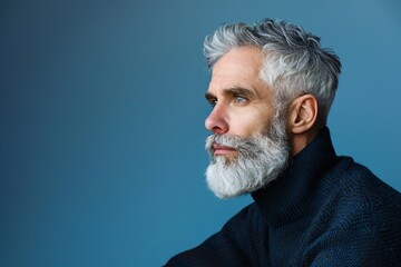 a man with white beard and blue sweater
