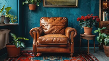 A cozy living room with a well-worn leather armchair positioned against a dark blue accent wall. - obrazy, fototapety, plakaty